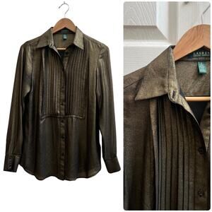 Lauren Ralph Lauren Semi Sheer Metallic Gold Long Sleeve Button Down Blouse